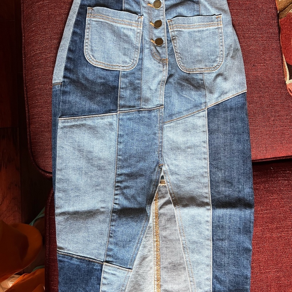 Ramy Brook High Rise Patchwork denim skirt- Blue and Light Blue